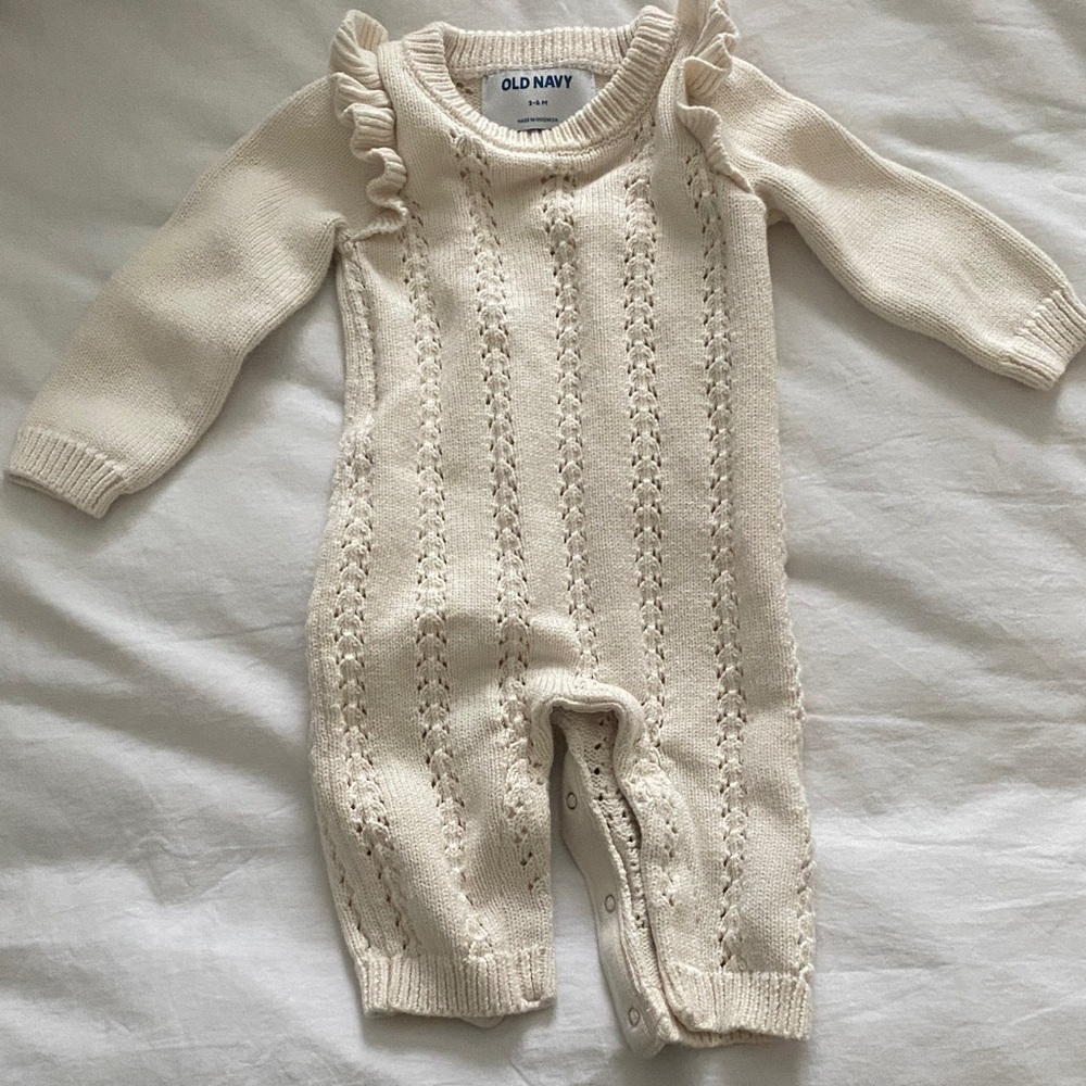 Old Navy Cream Knit Ruffle-Shoulder Baby One-Piece